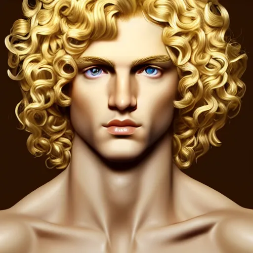 Image similar to Apollo the pale blond androgynous god of the sun, highly detailed, very very very curly golden blond hair, baroque drill curls, curtain bangs, central parted fringe, extremely luscious curly blond hair, very very very pale white skin, digital painting, artstation, concept art, soft light, sharp focus, illustration