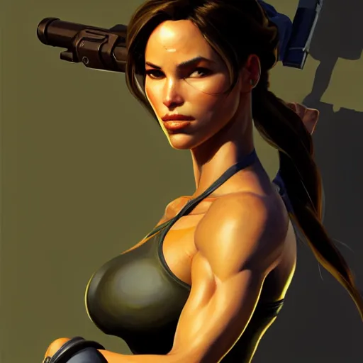 Image similar to Greg Manchess portrait painting of Lara Croft as Overwatch character, medium shot, asymmetrical, profile picture, Organic Painting, sunny day, Matte Painting, bold shapes, hard edges, street art, trending on artstation, by Huang Guangjian and Gil Elvgren and Sachin Teng