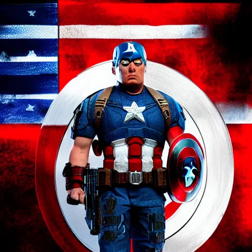 Image similar to Donald Trump as ((captain america)) in Gears of War, patriotic, splash art, movie still, cinematic lighting, dramatic, octane render, long lens, shallow depth of field, bokeh, anamorphic lens flare, 8k, hyper detailed, 35mm film grain