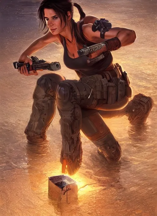 Image similar to Sandra Bullock as Lara Croft as a ruggedly handsome heroine kneeling next to a glowing artifact lodged in shallow water, intricate, elegant, highly detailed, artstation, concept art, smooth, sharp focus, illustration, bokeh art by artgerm and donato giancola and Joseph Christian Leyendecker, WLOP, fireflies