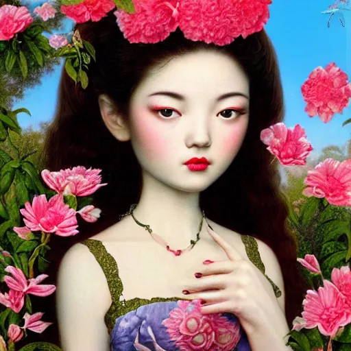 Prompt: a 3 d close up image of a beautiful young women looking at the camera surrounded by lush flowers mark ryden camera, pop japonisme 3 d ultra detailed