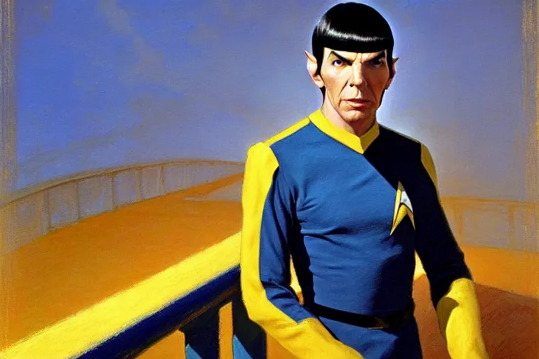 Image similar to young spock ( leonard nimoy ), the vulcan officer from star trek, in his blue and gold uniform, standing on the bridge of the enterprise. oil painting in the style of edward hopper and ilya repin gaston bussiere, craig mullins. warm colors. detailed and hyperrealistic.