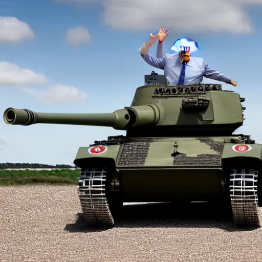 Image similar to A long shot of Boris Johnson in a tank, 4k, ultra HD