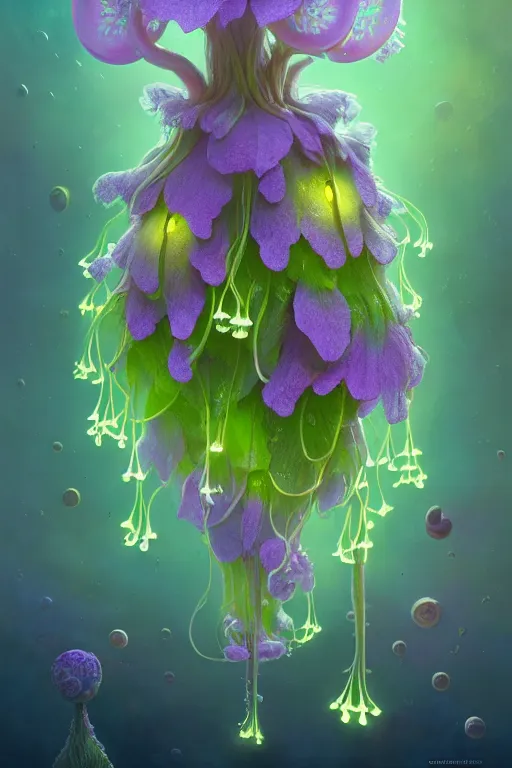 Prompt: a surreal Bioluminescent, very very very cute Campanula in a happy world by Daniel Merriam, Trending on Artstation, oil on Canvas by Elena Zhurikhina and Goro Fujita and Charlie Bowater, octane render, 4k, 8k, HD