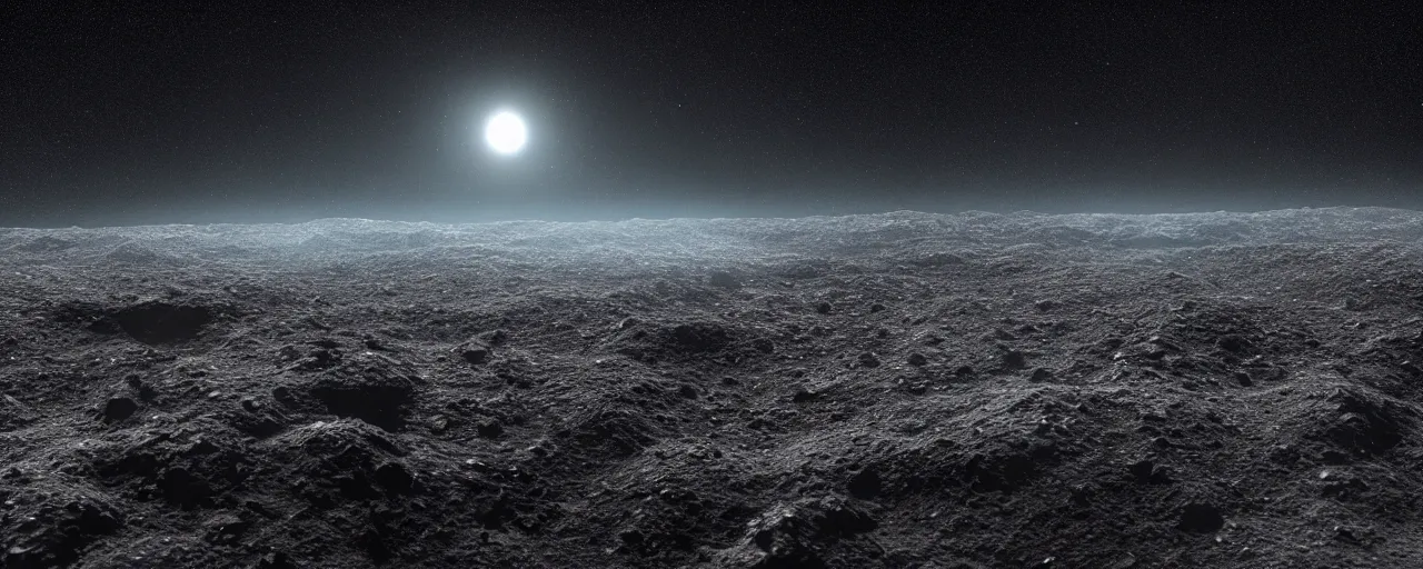 Image similar to ” small asteroid with craters seen from a far against a black space backdrop, [ cinematic, detailed, epic, widescreen, opening, establishing, mattepainting, photorealistic, realistic textures, octane render ] ”