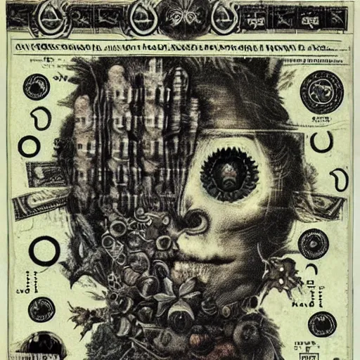 Image similar to post - punk new age album cover, asymmetrical design, dollar bank notes, capitalism, magic, apocalypse, psychedelic, black white pink, magic, giger h. r., giuseppe arcimboldo