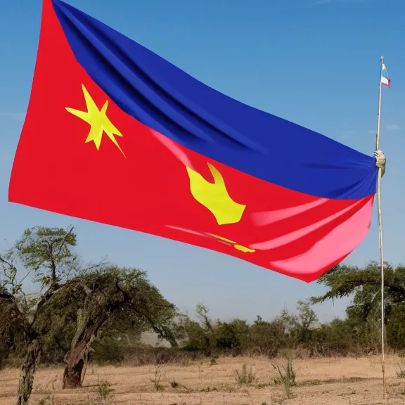 Image similar to the new flag of the country chad being flown, modern, striking, featuring national symbols