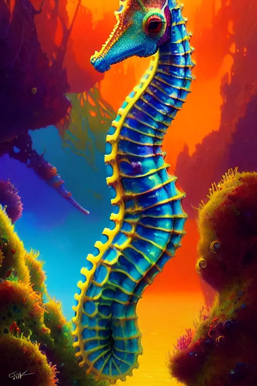 Image similar to highly detailed portrait of rainbow - colored seahorse, stephen bliss, unreal engine, fantasy art by greg rutkowski, rhads, ferdinand knab, makoto shinkai and lois van baarle, ilya kuvshinov, rossdraws, tom bagshaw, global illumination, radiant light, yellow blue theme, coral reef