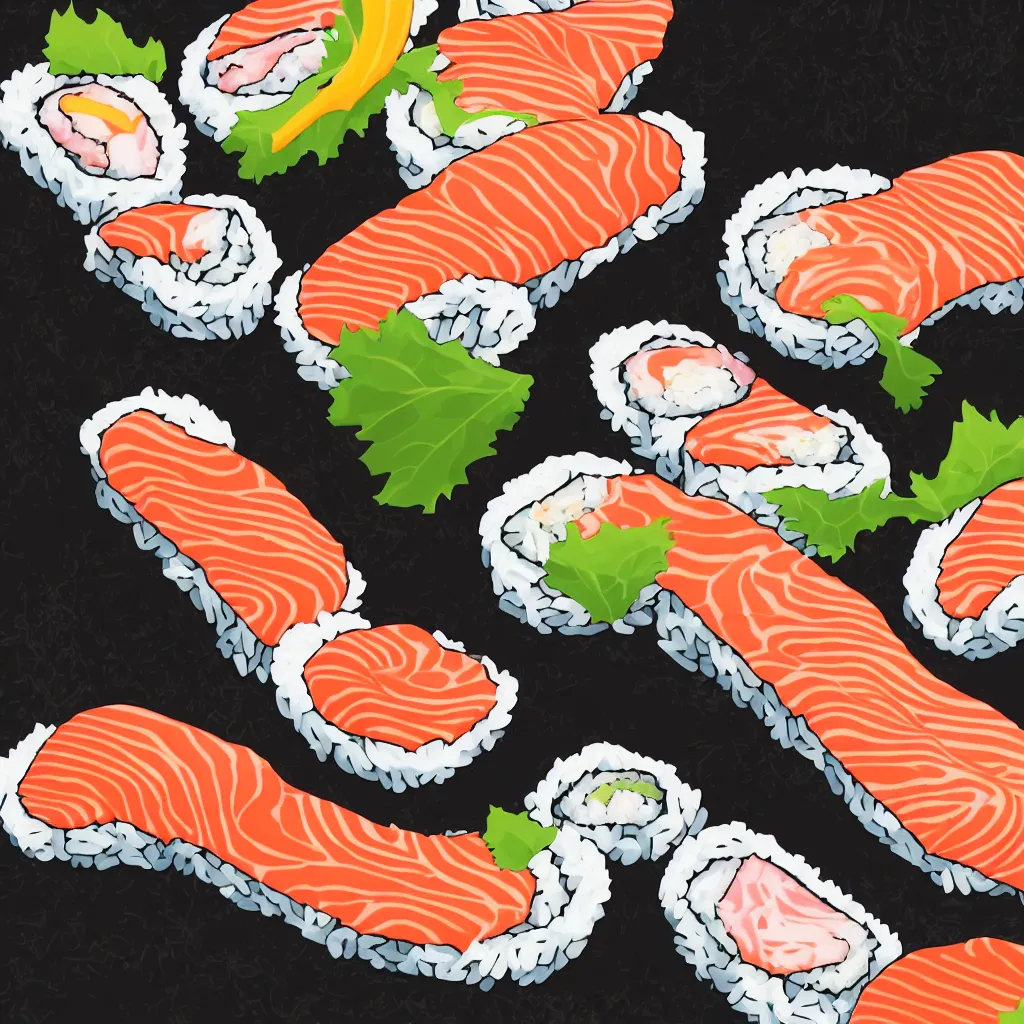 Prompt: a detailed digital vector illustration of a sushi roll in the shape of a S letter