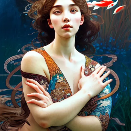 Image similar to Portrait of a girl surrounded by Koi fish, face, fantasy, intricate, elegant, highly detailed, digital painting, artstation, concept art, smooth, sharp focus, illustration, art by Tahir Tanis and Artem Demura and alphonse mucha