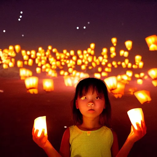 Image similar to a little girl watching hundreds of chinese sky lanterns in the night sky