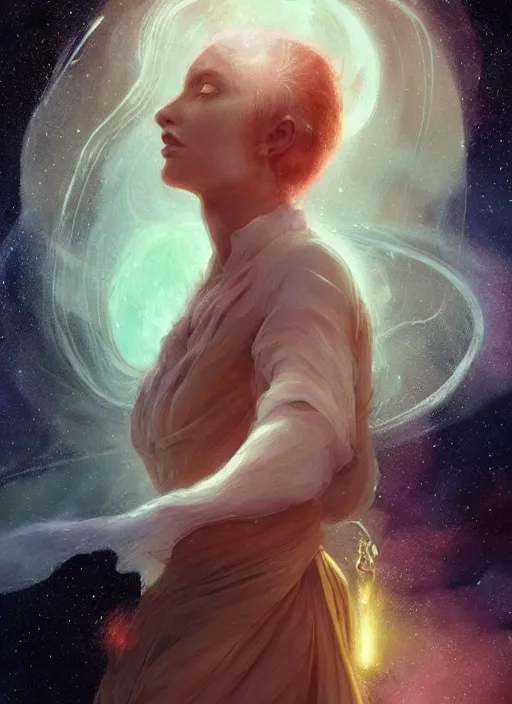 Image similar to woman [ who has hair that matches the cosmos ]!!, portrait!!, illustrated by artgerm, greg rutkowski, peder balke, mary anning, and balthus, trending on cgsociety, cgsociety portrait, cgsociety contest winner, award winning, luminous lighting, 4 k details