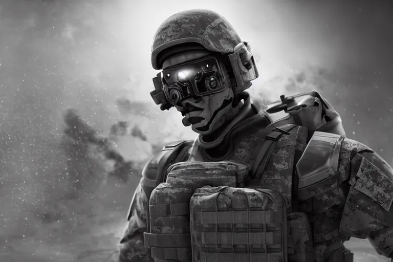 Image similar to still photo of a futuristic soldier looking at the camera in a battlefield, black and white color aesthetic, highly detailed, photorealistic portrait, bright studio setting, studio lighting, crisp quality and light reflections, unreal engine 5 quality render