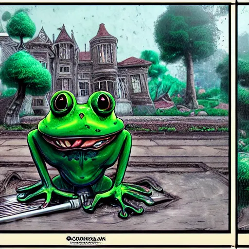 Prompt: A portrait of a scary godlike anthropomorphic frog smoking a cigarette , mansion made of mushrooms in background . award winning. superb resolution. in the art style of junji Ito and greg rutkowski . Detailed Mushroom city in background. Hyper realistic anime. Perfect art. Dalle2