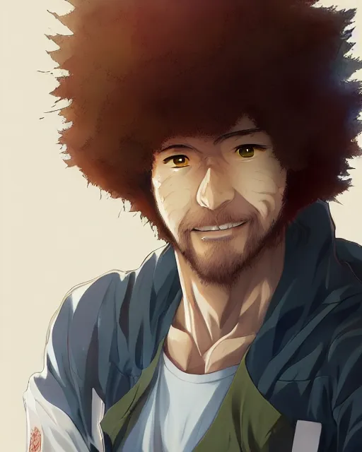 Image similar to anime portrait of Bob Ross as an anime man by Stanley Artgerm Lau, WLOP, Rossdraws, James Jean, Andrei Riabovitchev, Marc Simonetti, and Sakimichan, trending on artstation