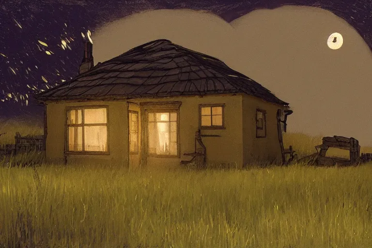 Prompt: a cinematic hyperrealism highly detailed photograph of a small cottage in a dark black night on a wide prairie, by issac levitan and studio ghibli, deviantart