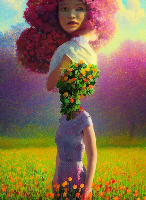 Prompt: girl with giant flower as a face and flower dress, standing in a flower field hills, big trees, sunrise dramatic light, impressionist painting, colorful clouds, digital painting, pointillism, artstation, simon stalenhag