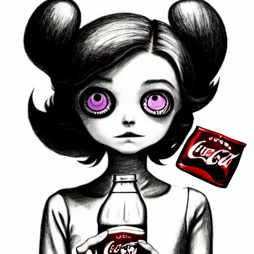 Image similar to pencil drawing of the coke logo personified as a soda themed girl in the style of the lavender towne, large creepy eyes, extremely detailed and colorful eyes, digital art, deviant art, soda themed girl, hyper detailed eyes, money sign pupils, tim burton, scratchy lines, junji ito, gorrilaz, her forehead has the coke logo burned into it