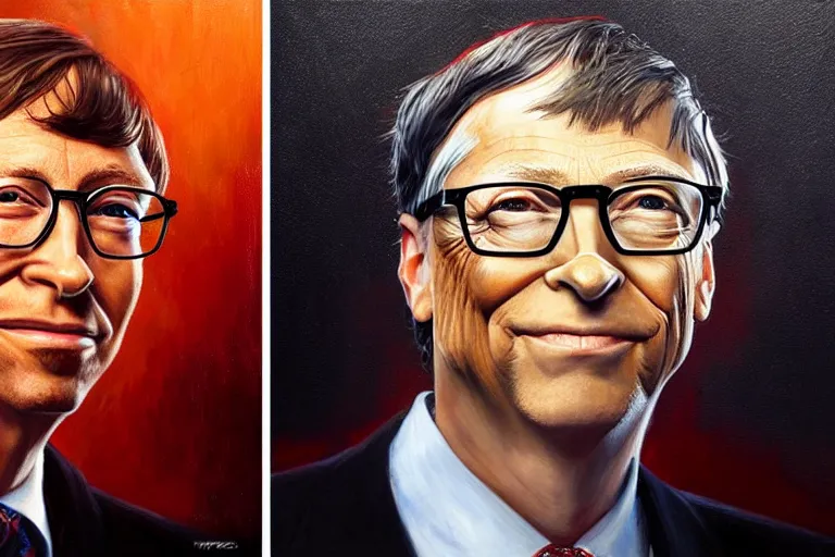 Image similar to portrait of bill gates with a knife as the zodiac killer bloodied, an oil painting by ross tran and thomas kincade