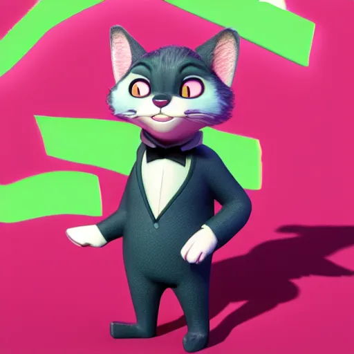 Image similar to 3d render , anthropomorphic cat wearing a pink tux, in the style of Zootopia