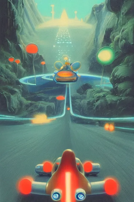 Prompt: mario kart, art by bruce pennington, trending on artstation, bioluminescence closeup view illustrator, american romanticism, very very elegant, 4 k hd, bauhaus