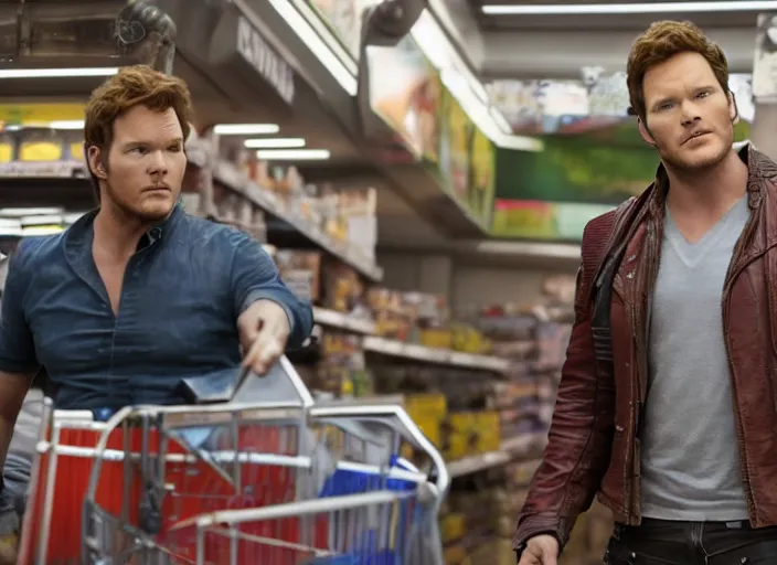 Prompt: film still of star - lord played by chris pratt shopping in a supermarket in the new guardians of the galaxy movie, 4 k, 8 k, photorealistic, highly detailed face and eyes