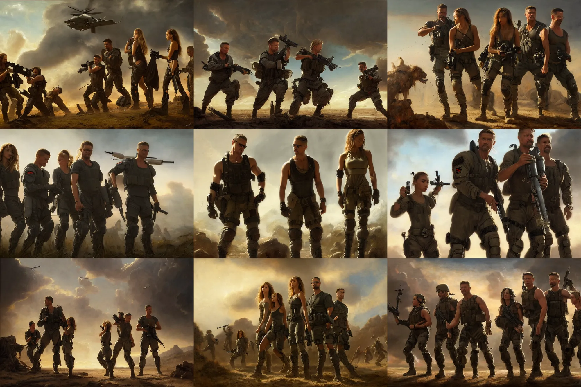 Prompt: a special operations members jessica alba zendaya brad pitt and colin farrell in battle together, covert military pants, military boots, greek mythology, oil reinassance painting by cornelis van poelenburgh and dosso dossi, ultra detailed, concept art, 8 k what