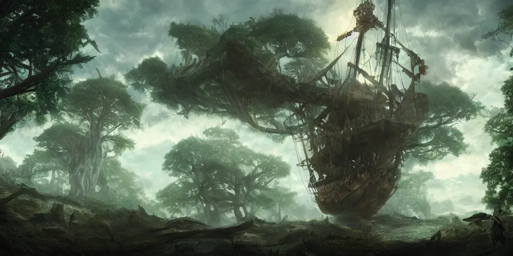 Prompt: A pirate ship stranded in the treetops of giant oaks, game art matte painting hyperdetailed, artstation, cgsociety, 8k, surreal dream landscape