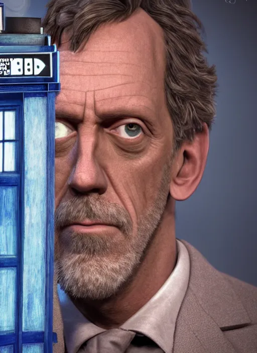 Prompt: still portrait of hugh laurie standing next to the tardis from doctor who, au naturel, hyper detailed, digital art, trending in artstation, cinematic lighting, studio quality, smooth render, unreal engine 5 rendered, octane rendered, art style by klimt and nixeu and ian sprigger and wlop and krenz cushart.