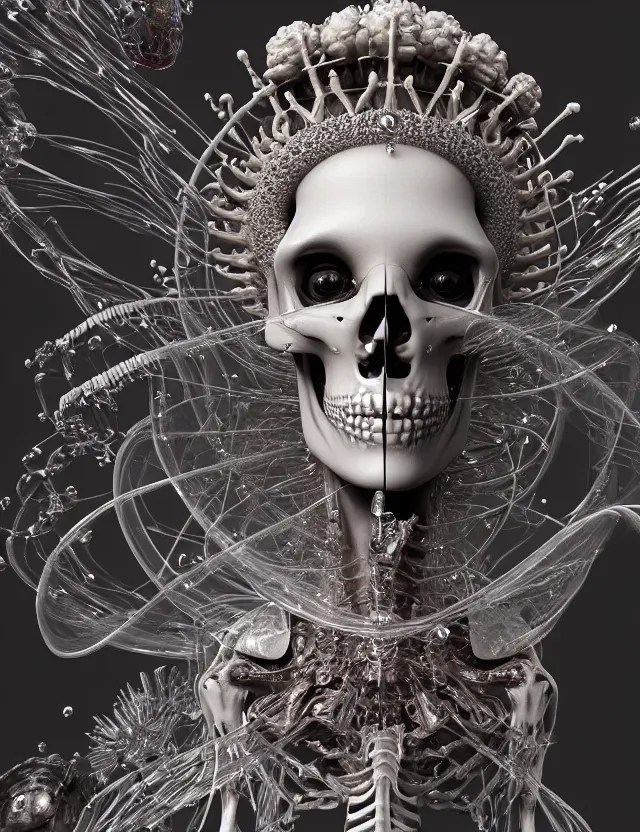 Image similar to 3 d goddess skeleton macro close - up portrait with crown made of ram skull. betta fish, jellyfish phoenix, bioluminiscent, plasma, ice, water, wind, creature, super intricate ornaments artwork by tooth wu and wlop and beeple and greg rutkowski