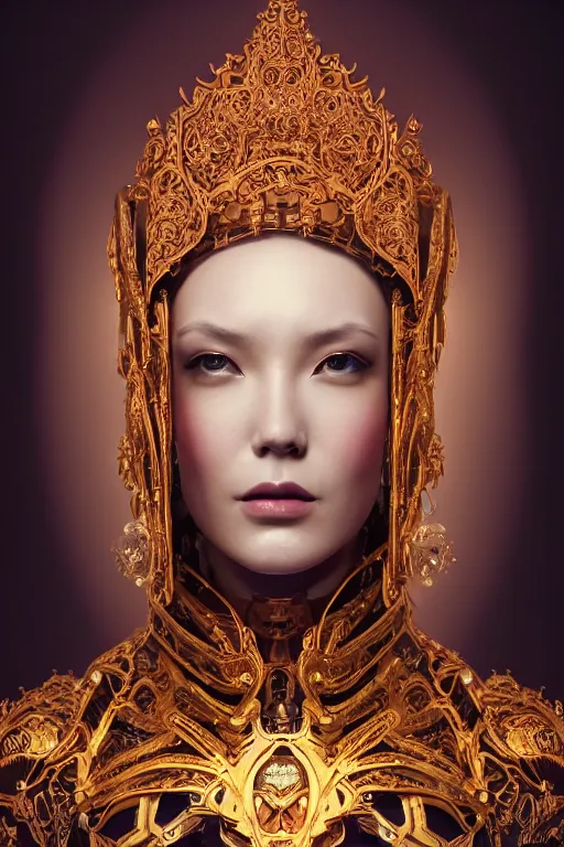 Image similar to a beautiful empress portrait, with a brilliant, impossible striking big cybernetic headpiece, cybernetic clothes, symmetrical, dramatic studio lighting, rococo, baroque, asian, hyperrealism, closeup, D&D, fantasy, intricate, elegant, highly detailed, digital painting, artstation, octane render, 8k, concept art, matte, sharp focus, illustration, art by Artgerm and Greg Rutkowski and Alphonse Mucha