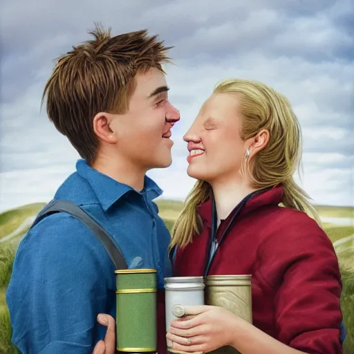 Prompt: a highly detailed portrait of a young couple from the side, holding a tin can, renote icelandic village, summer, blonde hair, muted colors, joy, trending on artstation,