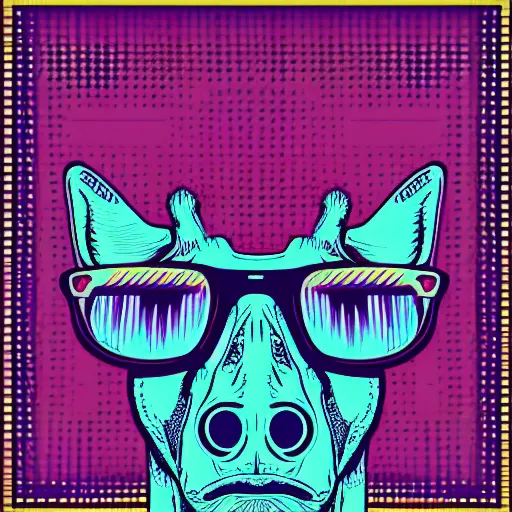 Image similar to a closeup of a giraffe wearing shades, in retro colors, synthwave style, 2 d digital vector art