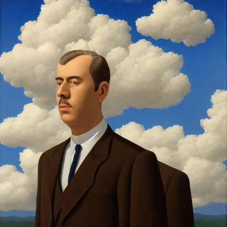 Prompt: portrait of a man made out of clouds in a suit, by rene magritte, detailed painting, hd, hq, high resolution, high detail, 4 k, 8 k