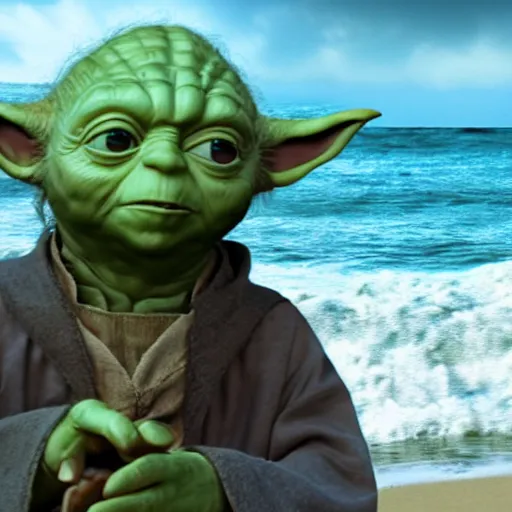 Image similar to film still of yoda on a beach movie 4 k