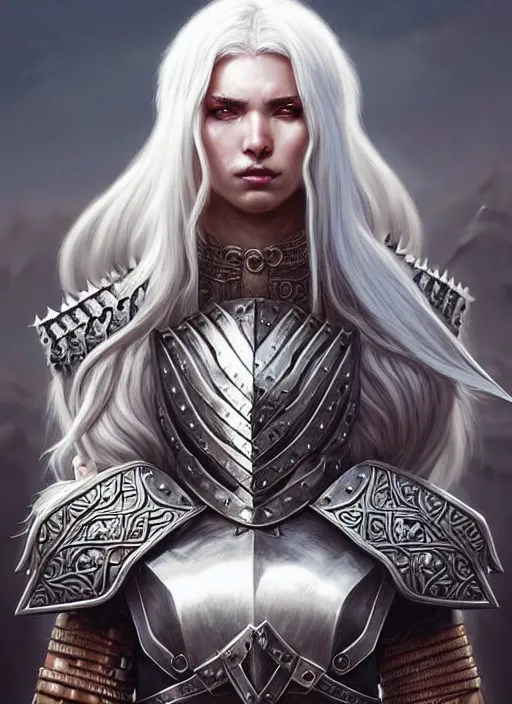 Image similar to barbarian, plated armor!!! long wild white hair!! covered chest!!! fantasy, d & d, intricate ornate details, digital painting, pretty face!!, symmetry, concept art, sharp focus, illustration, art by artgerm! greg rutkowski magali villeneuve wlop! ilya kuvshinov!!, octane render