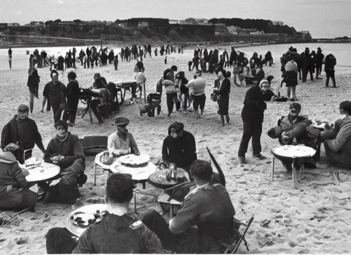 Image similar to vintage photo of a pizza party on omaha beach in normandy