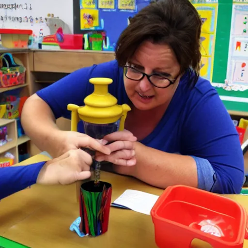 Prompt: A kindergarten teacher demonstrating how to use a bong