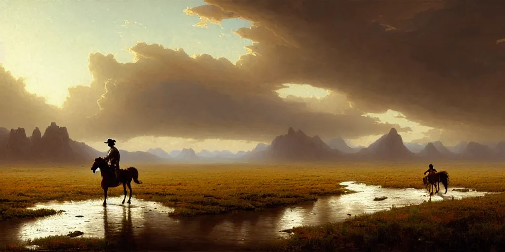 Image similar to a lonesome cowboy on his horse is crossing american plains with a small riverbed, mountaineous background, cloudy day, highly detailed, digital art, by greg rutkowski, by albert bierstadt