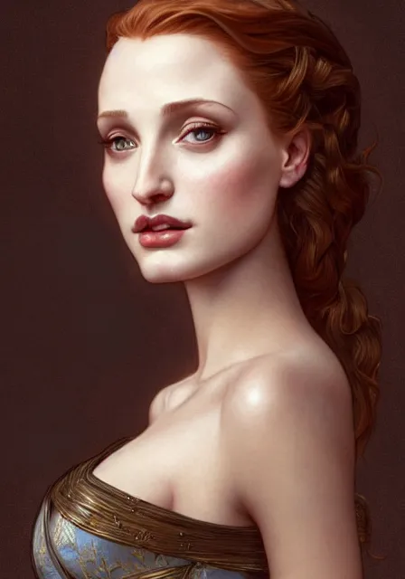 Image similar to sansa angeline jolie gessica chastain, intricate, elegant, highly detailed, digital painting, artstation, concept art, smooth, sharp focus, illustration, art by artgerm and greg rutkowski and alphonse mucha and william - adolphe bouguereau