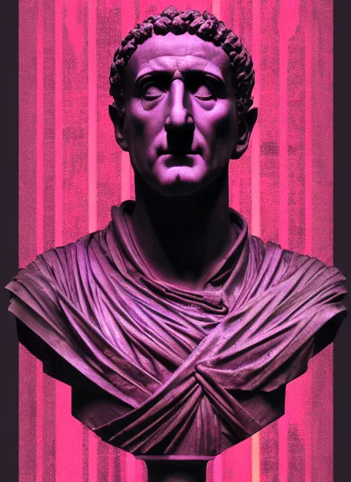 Prompt: black background with subtle red and purple design elements, bust of julius caesar, nekro, modern design, collage art, thin lines, dark, glitch art, neo vaporwave, gritty, layout frame, trending on artstation