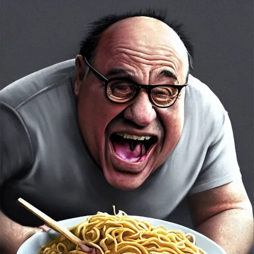 Image similar to hyperrealistic mixed media high resolution image of Danny DeVito screaming at a bowl of noodles, stunning 3d render inspired art by István Sándorfi and Greg Rutkowski and Unreal Engine, perfect symmetry, dim volumetric lighting, 8k octane beautifully detailed render, post-processing, extremely hyper-detailed, intricate, epic composition, highly detailed attributes, highly detailed atmosphere, full body shot, cinematic lighting, masterpiece, trending on artstation, very very detailed, masterpiece, stunning, flawless structure, lifelike texture, perfection,