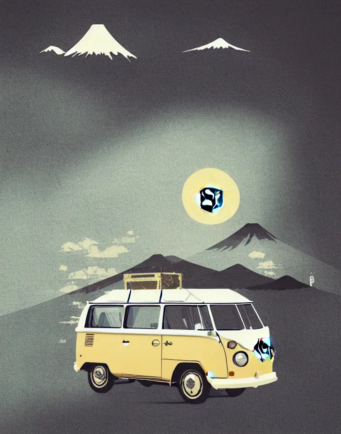 Image similar to front view vw camper touring rural japan, a collage painting, in the style of wes anderson, lola dupre, david hockney, isolated on negative white space background dark monochrome fluorescent spraypaint accents volumetric octane render, no double subject