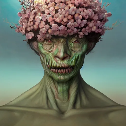 Image similar to a beautiful nature portrait of a p - zombie!!! natural lighting art dawn. highly detailed. colourful. moody. artstation, 4 k, by gerald brom zdzisław beksinski, and ansel adams and studio ghibli, horror, lots of sakura flowers, lovely