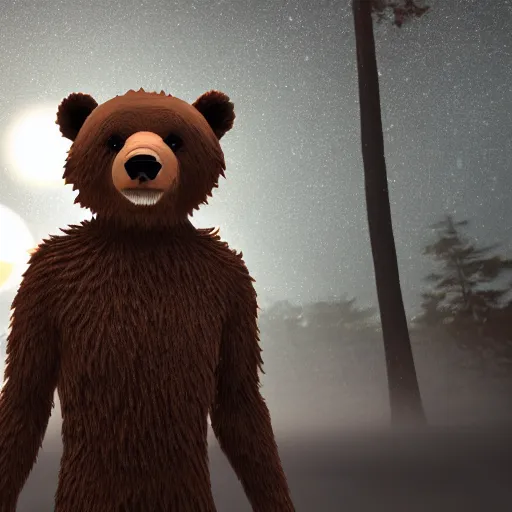 Prompt: man transforming into an anthro bear at night, full body, hyper realistic, hyper detailed, 8 k, unreal engine, realistic brown fur, full moon background, ray tracing