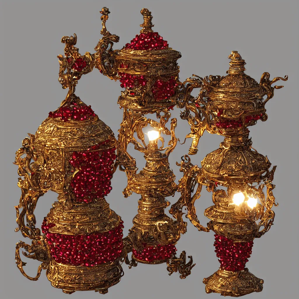 Image similar to old oil lamp incrusted with rubies, unreal engine