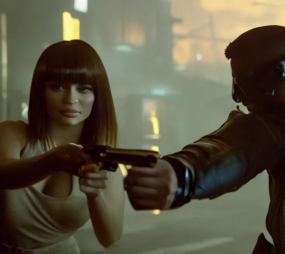 Image similar to a movie still of kylie jenner as joi aiming a gun at ryan gosling in the movie blade runner 2 0 4 9