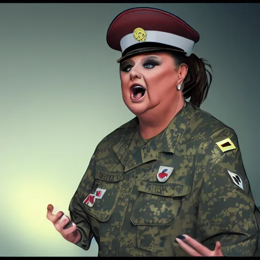 Image similar to abby lee miller dressed as a military dictator, giving a speech to her troops, cinematic lighting, trending on artstation, 4k, hyperrealistic, focused, extreme details, unreal engine 5, cinematic, masterpiece