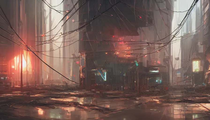 Image similar to a detailed concept painting of half a robot torso hanging by wires in a desolate cyberpunk environment filled with computers, soft lighting, digital art, artstation, oil on canvas