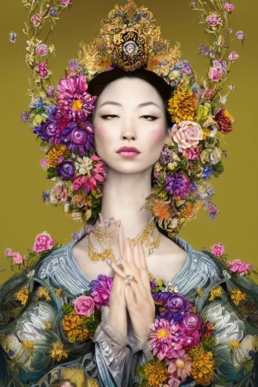 Prompt: a beautiful empress portrait, with a brilliant, impossible striking big flower headpiece, clothes entirely made out of flowers, garden backdrop, symmetrical, dramatic studio lighting, rococo, baroque, jewels, asian, hyperrealism, closeup, D&D, fantasy, intricate, elegant, highly detailed, digital painting, artstation, octane render, 8k, concept art, matte, sharp focus, illustration, art by Artgerm and Greg Rutkowski and Alphonse Mucha